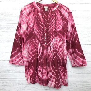 Chico's Women's Pink Tie Dye Tunic Top Pleated Front V-Neck 3/4 Sleeve 12/14